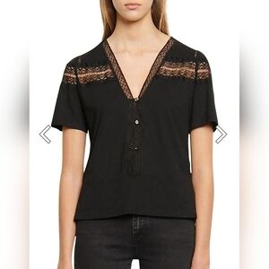 Sandro Paris Lace-trim T-shirt In Black